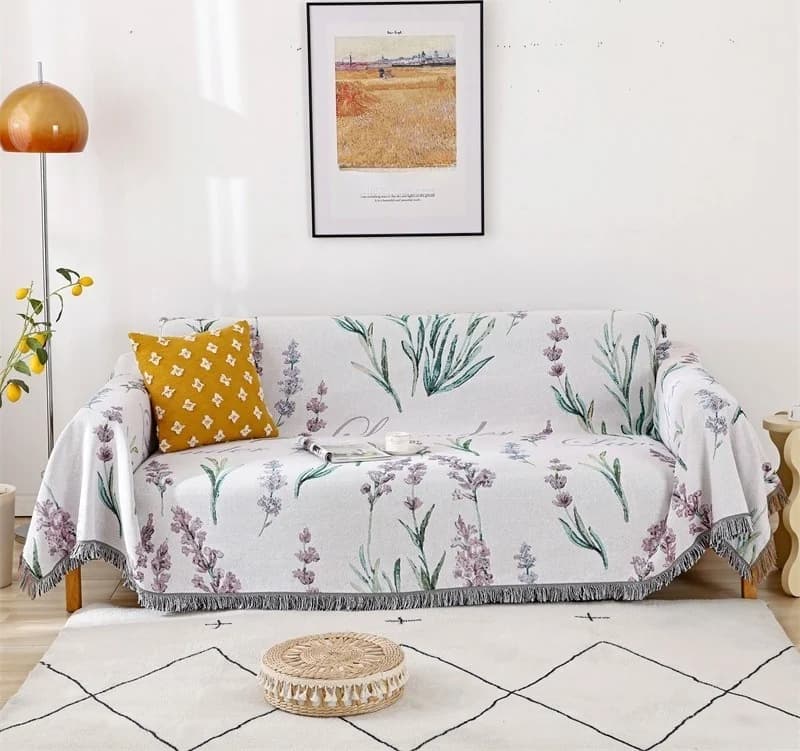 Chăn sofa vải pha cotton hoa oải hương kiểu Pháp cho ghế ba chỗ