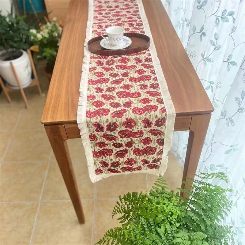Khăn trải bàn phong cách đồng quê vải cotton pha hoa văn cho phòng ăn