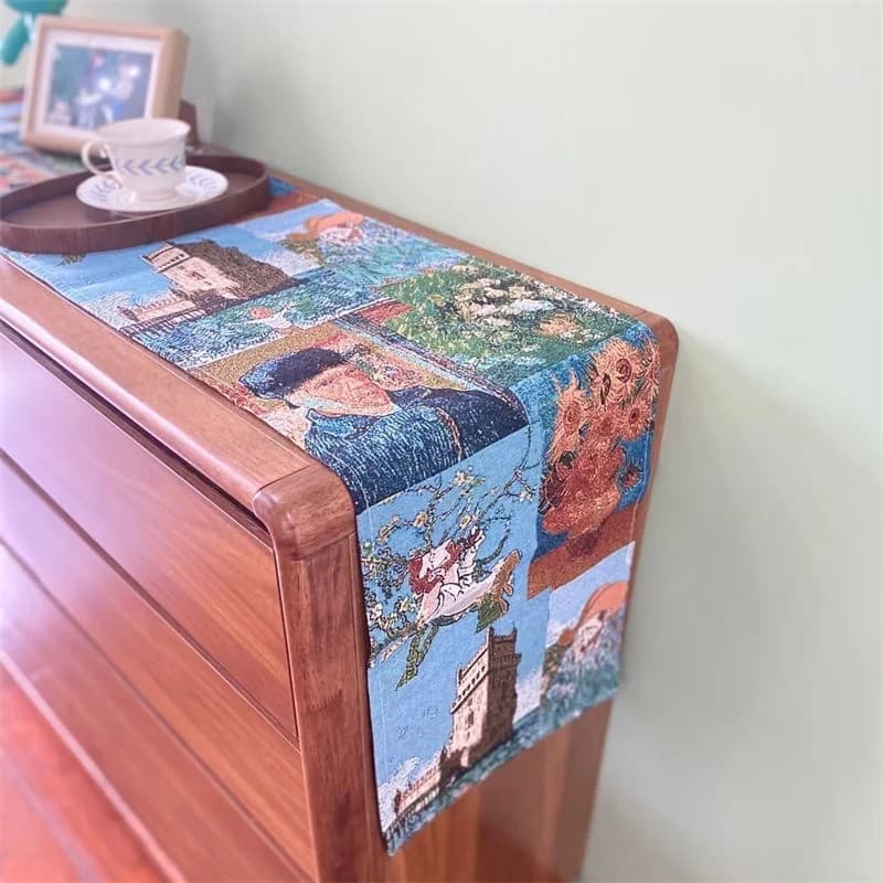 Khăn trải bàn phong cách Van Gogh vải cotton linen pha