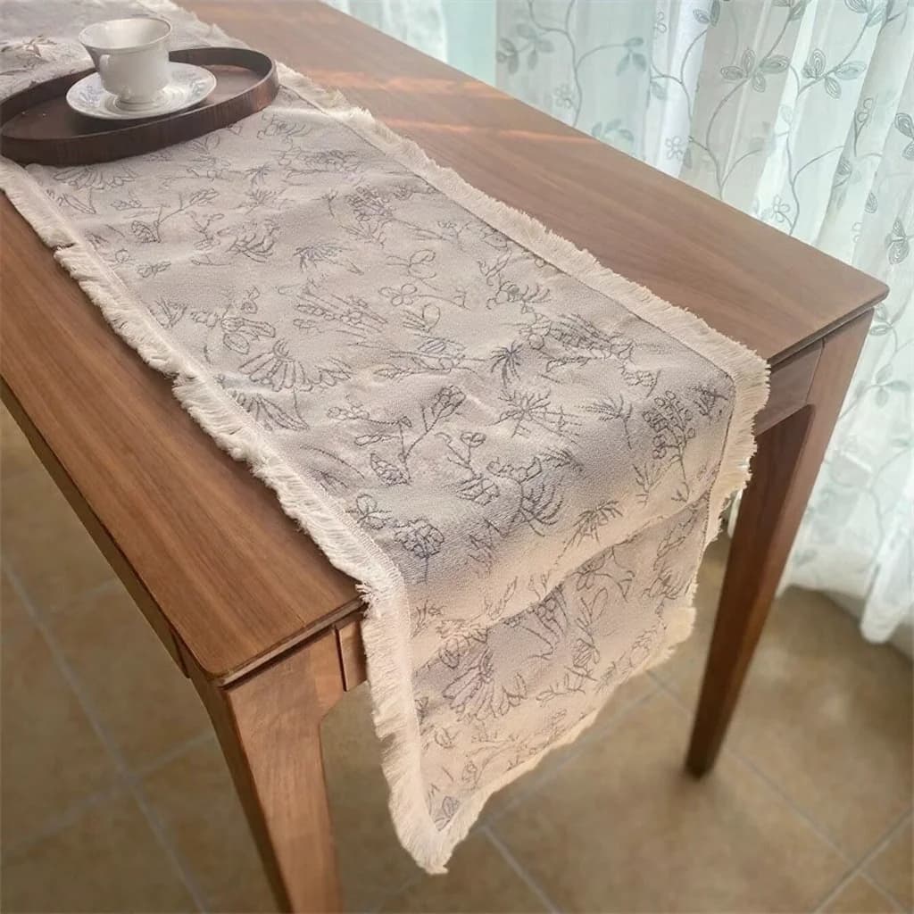 Khăn trải bàn phong cách đồng quê Mỹ vải cotton linen họa tiết hoa và tua rua