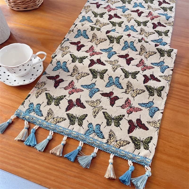 Khăn trải bàn vải pha cotton họa tiết bướm và hoa