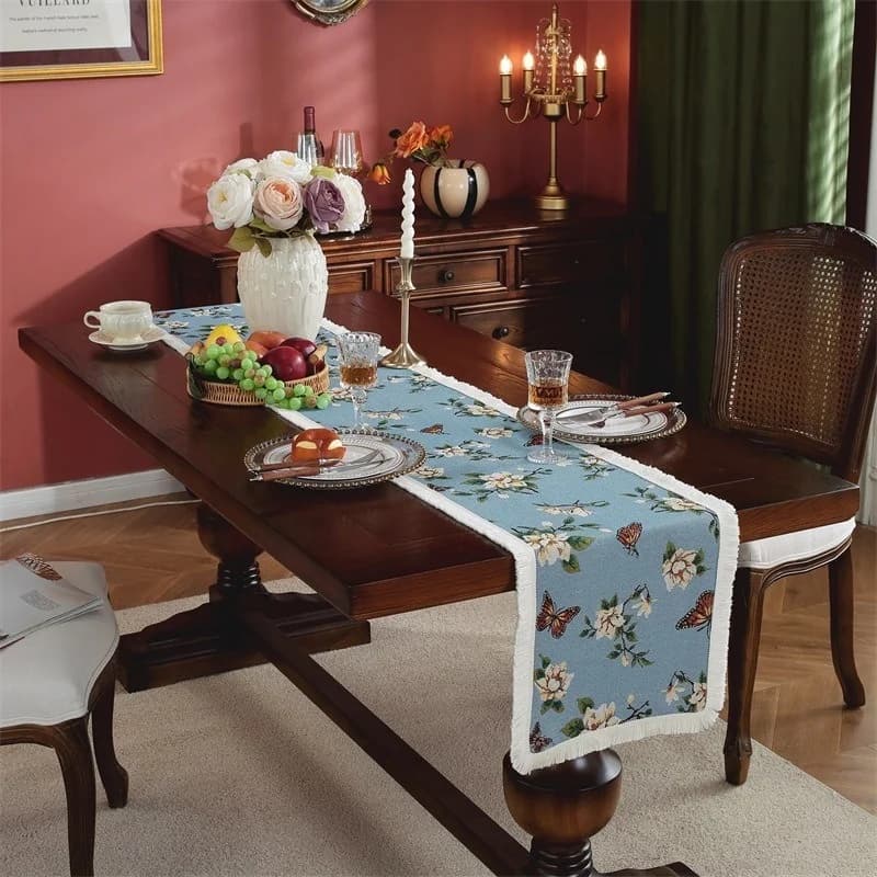 Khăn trải bàn cotton linen họa tiết hoa phong cách đồng quê Mỹ có tua rua