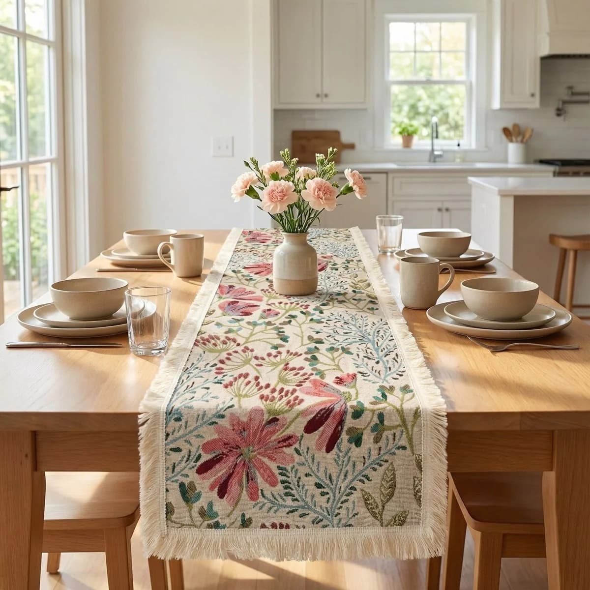 Khăn trải bàn Jacquard vải cotton họa tiết hoa trang trí bàn ăn