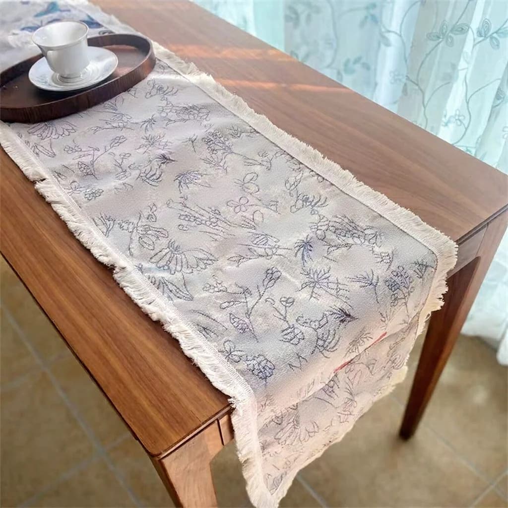 Khăn trải bàn phong cách đồng quê Mỹ vải cotton linen họa tiết hoa và tua rua