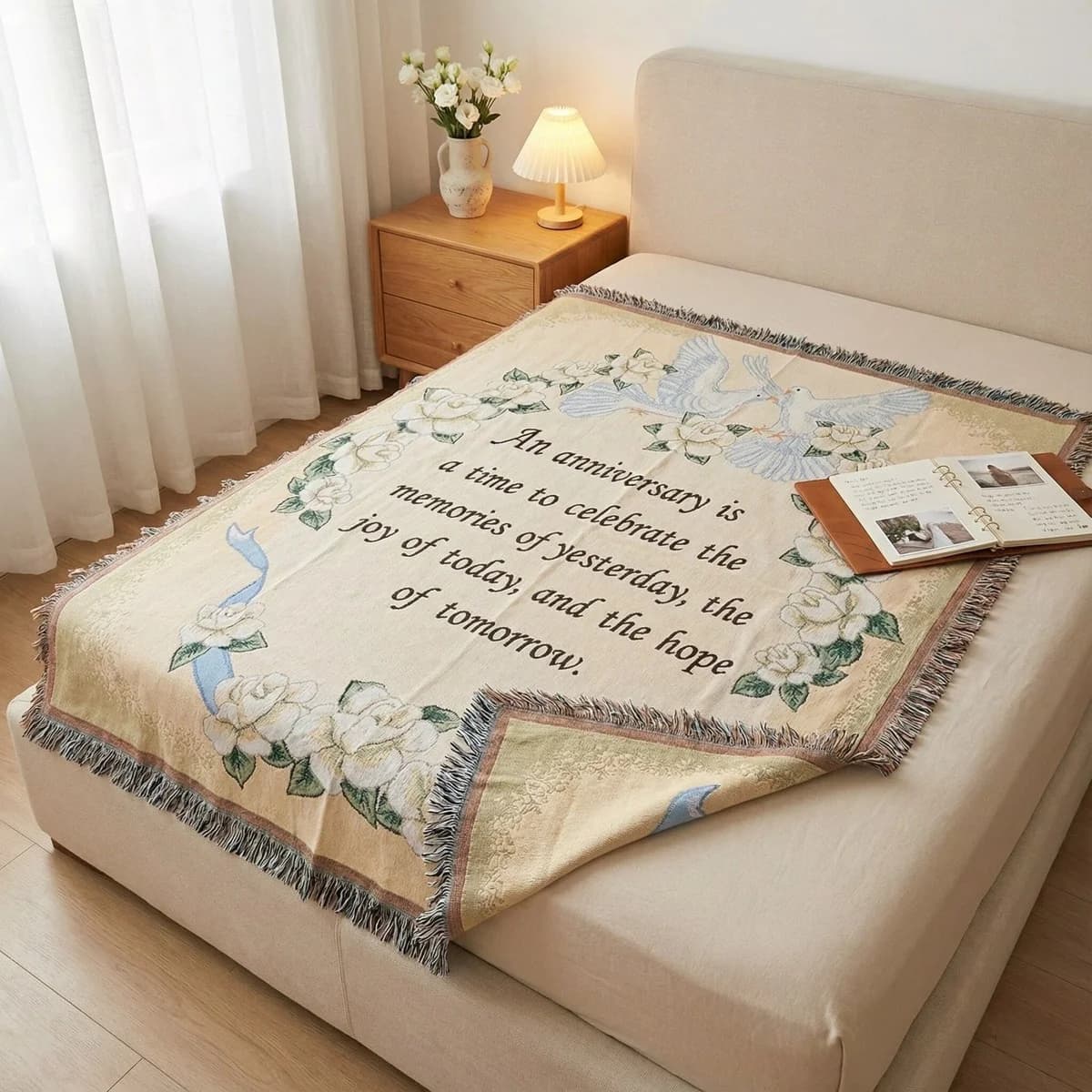 Chăn Sofa Bohemian Vải Cotton Pha Lông Tua