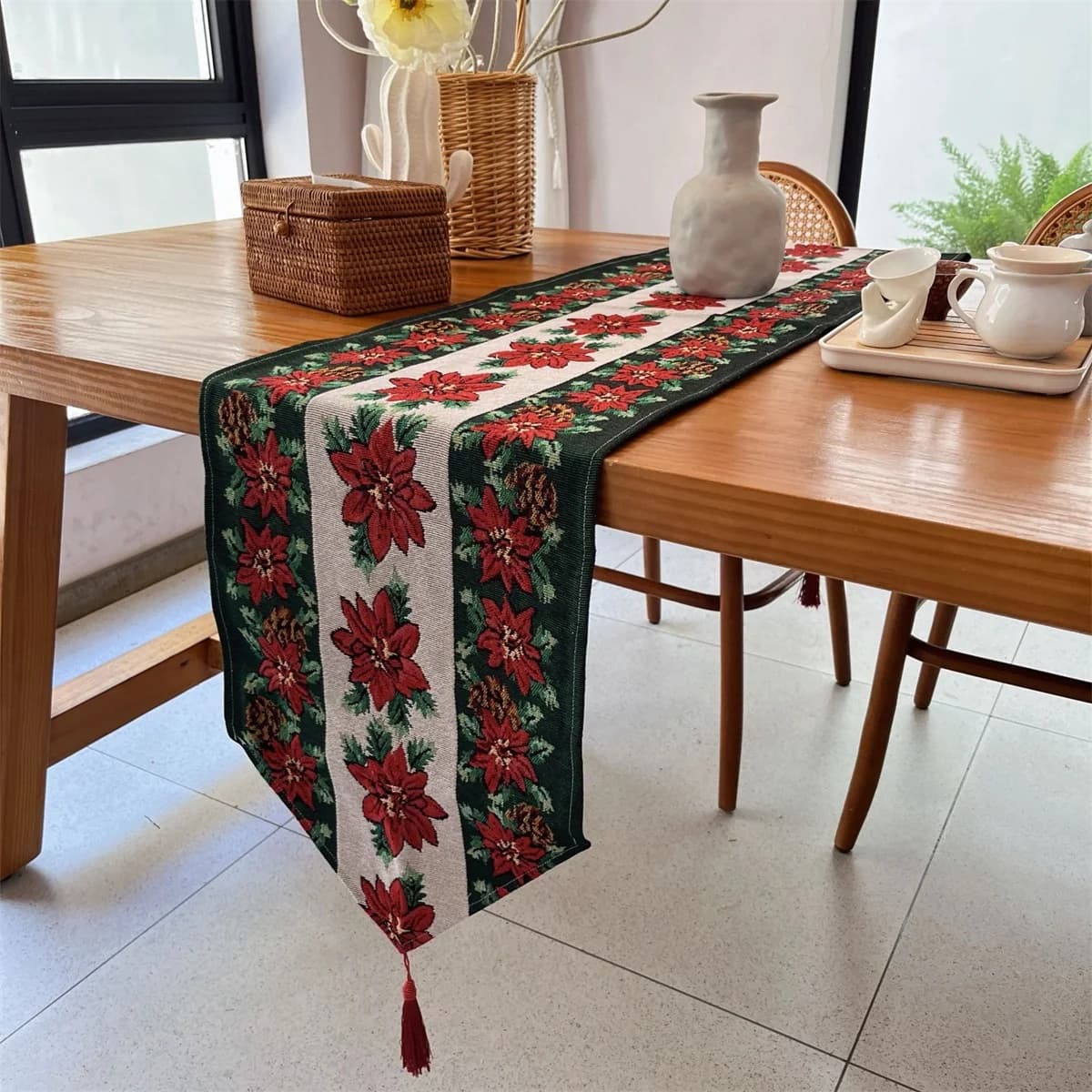 Khăn trải bàn Giáng sinh hoa đỏ trang trí lễ hội cho bàn ăn, kệ TV