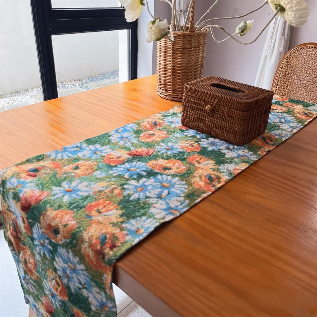 Khăn Trải Bàn Và Tấm Lót Bát Họa Tiết Hoa Vườn Monet, Vải Pha Cotton