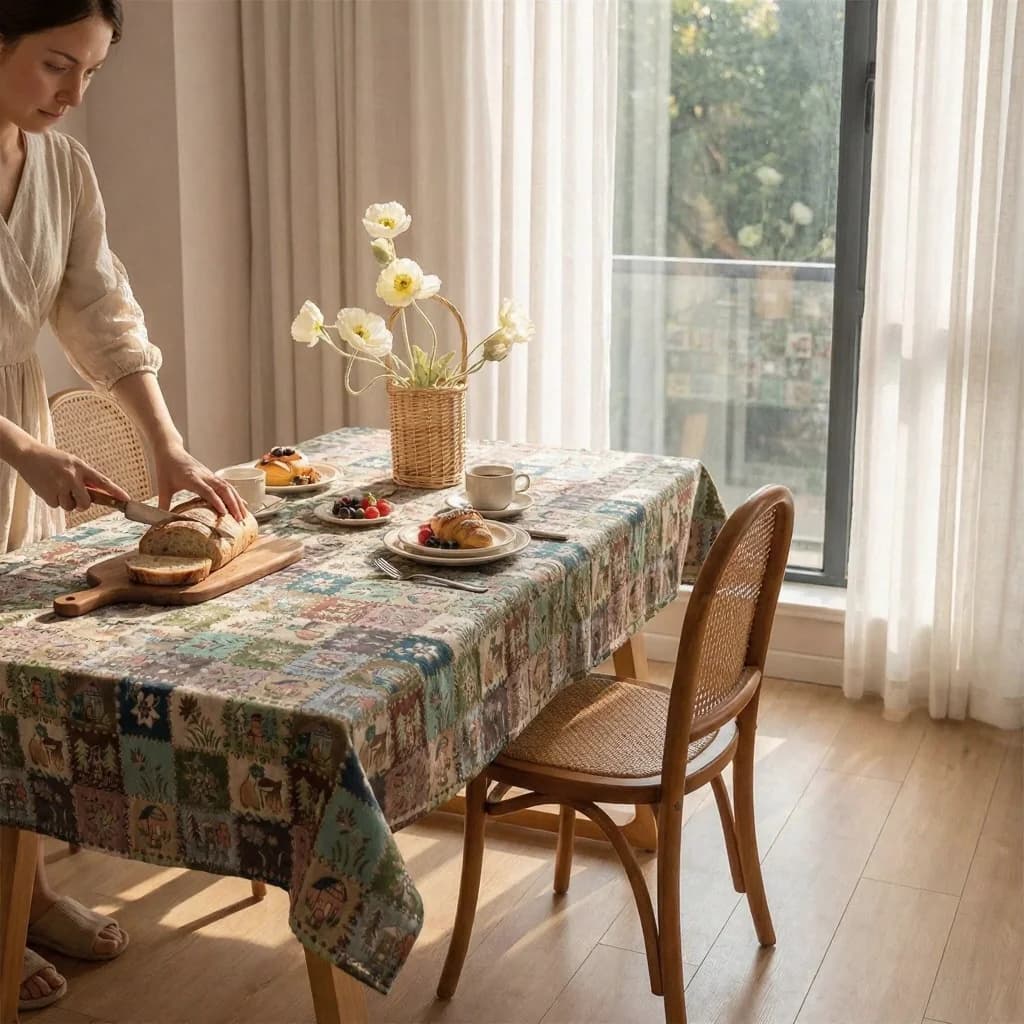 Khăn trải bàn phong cách đồng quê Mỹ họa tiết hoa văn sơn dầu