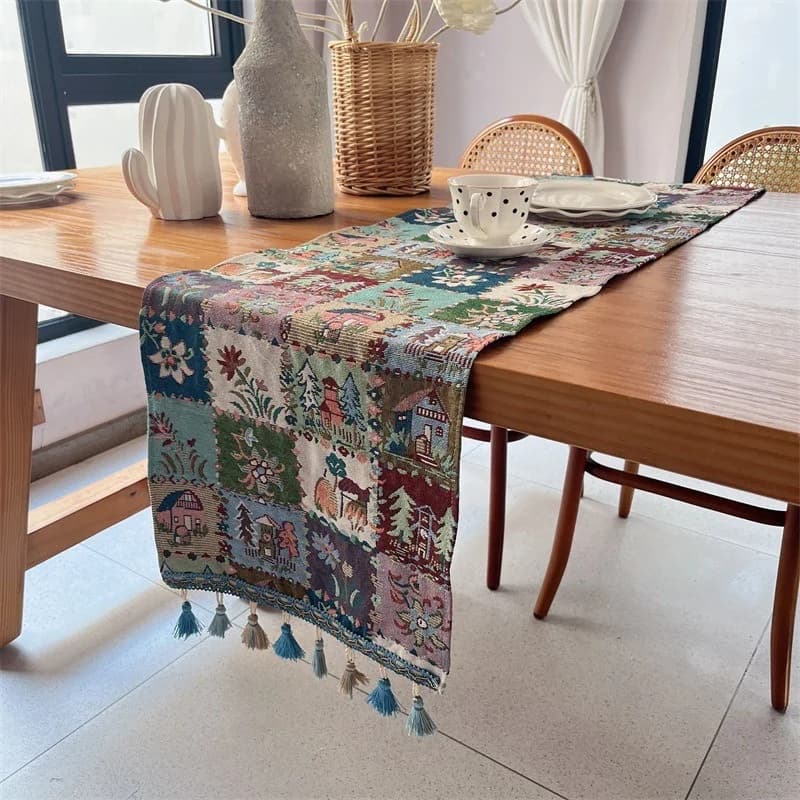Khăn trải bàn phong cách Mỹ vải pha cotton có tua rua
