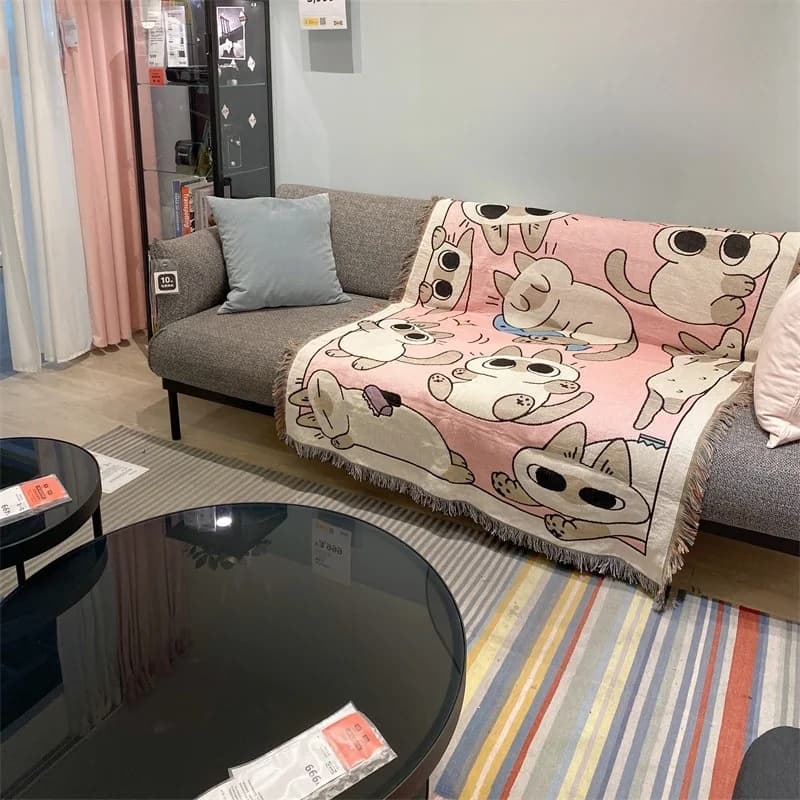 Chăn Sofa Họa Tiết Mèo Hoạt Hình Hồng Cho Ghế Đơn