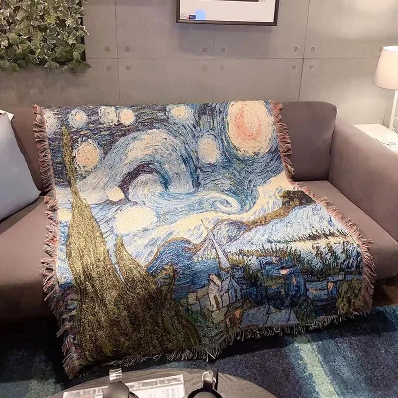 Chăn Sofa Họa Tiết Đêm Đầy Sao Van Gogh Vải Pha Cotton Trang Trí