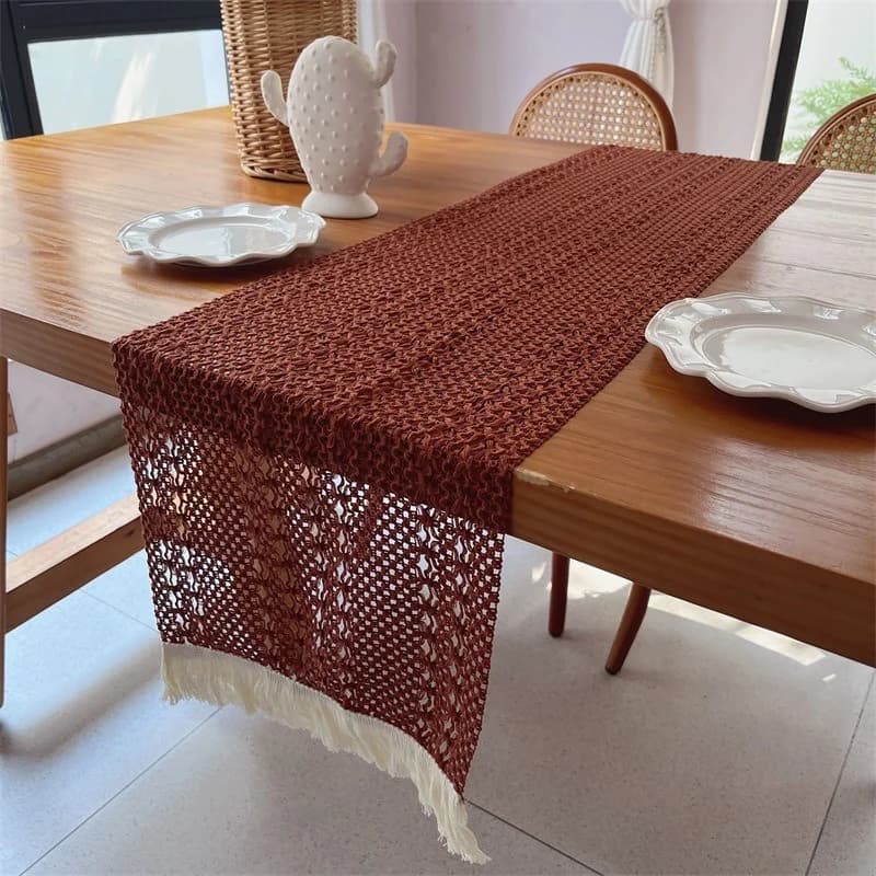 Khăn trải bàn ren cotton mộc mạc có tua rua trang trí bàn ăn