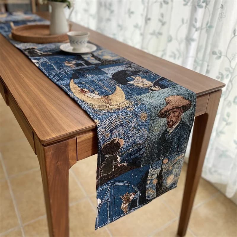 Khăn trải bàn cotton linen pha phong cách Van Gogh cho trang trí nhà cửa