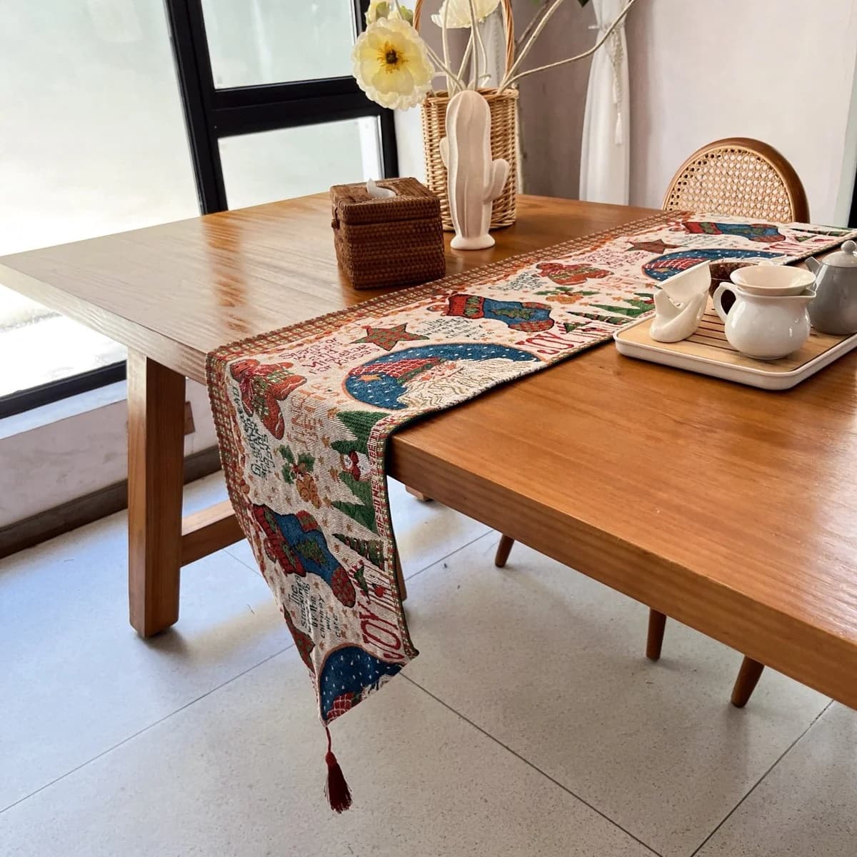 Thảm trải bàn Giáng sinh vải cotton pha, trang trí lễ hội cho bàn ăn