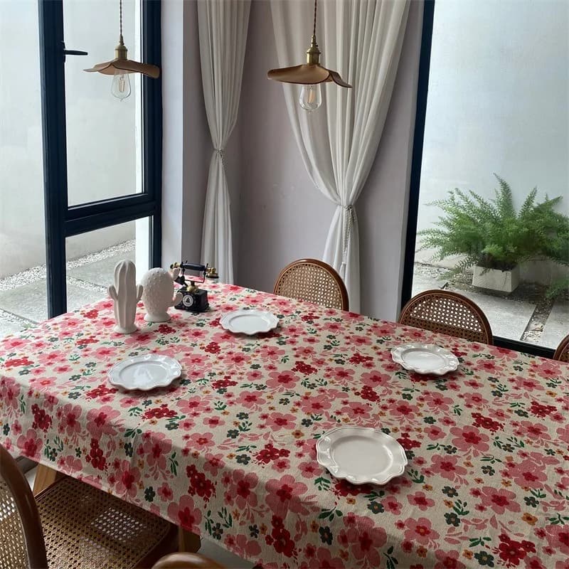 Khăn trải bàn jacquard hoa hồng pha cotton hình chữ nhật
