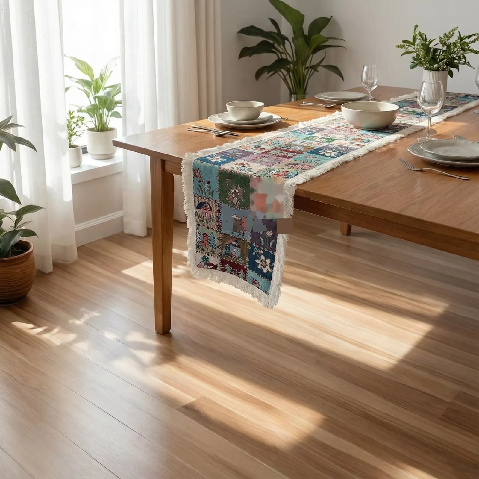 Khăn trải bàn phong cách đồng quê Mỹ in hoa lá vải cotton pha