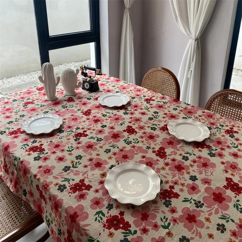 Khăn trải bàn jacquard hoa hồng pha cotton hình chữ nhật