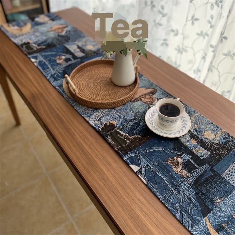 Khăn trải bàn cotton linen pha phong cách Van Gogh cho trang trí nhà cửa