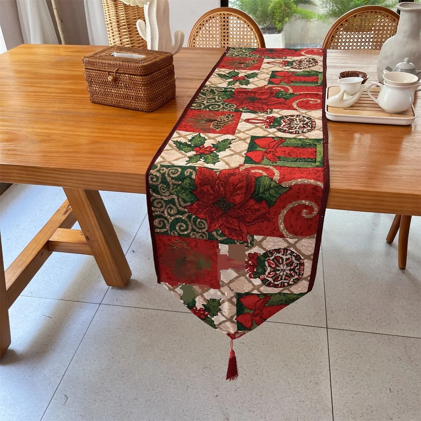 Khăn trải bàn Giáng sinh hoa đỏ trang trí lễ hội cho bàn ăn, kệ TV