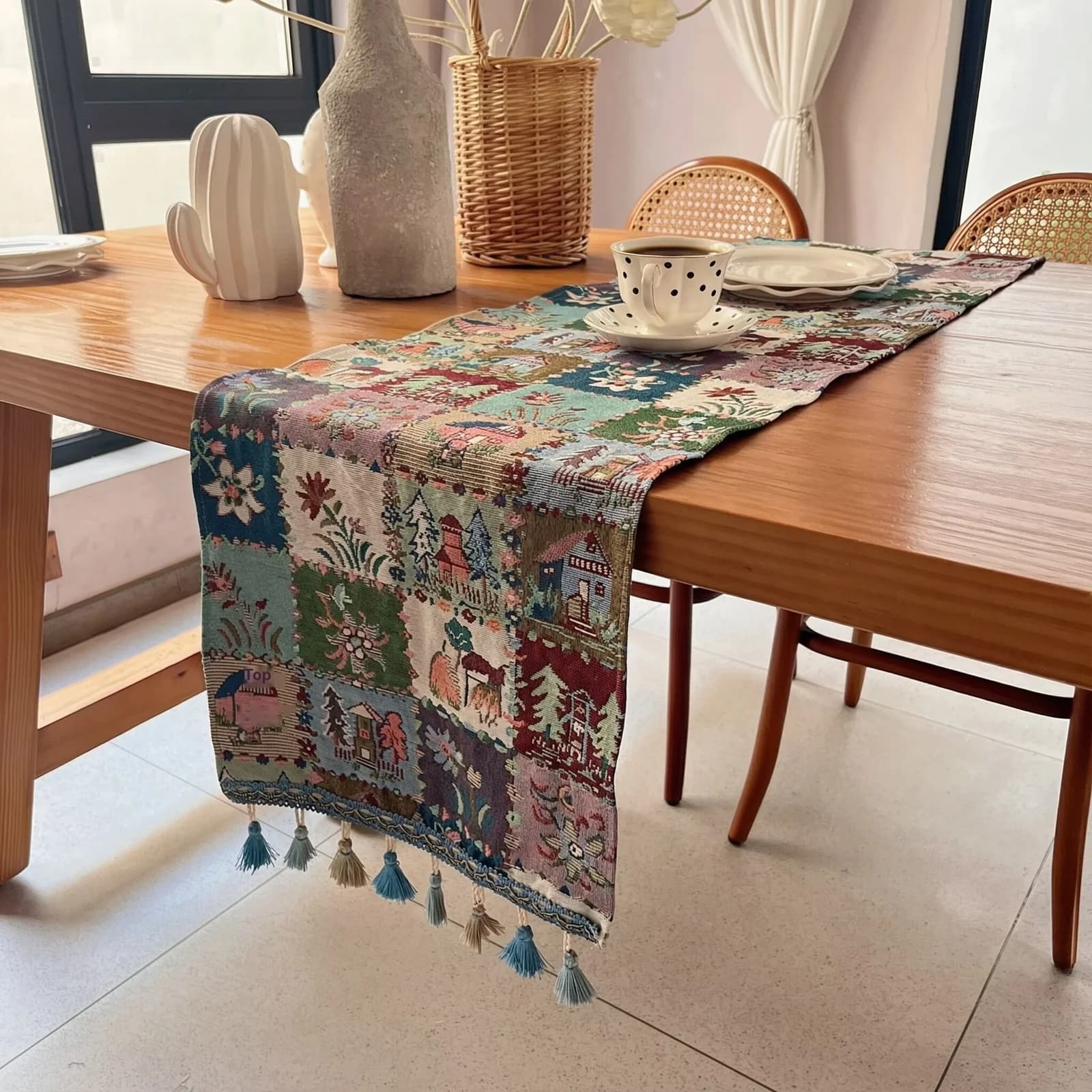 Khăn trải bàn phong cách Pháp, vải cotton linen pha họa tiết hoa