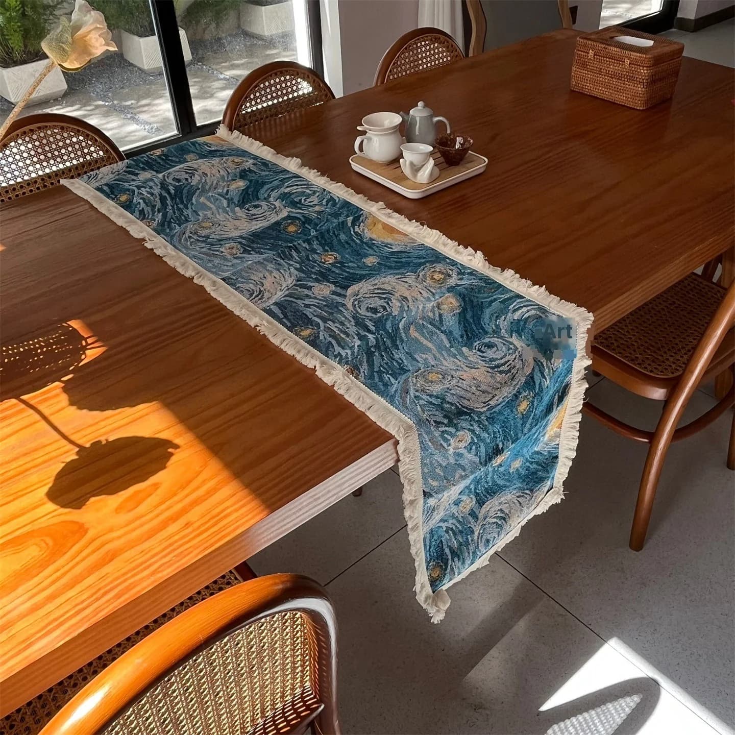 Khăn trải bàn phong cách Van Gogh Starry Night vải cotton pha