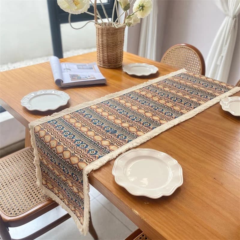 Khăn trải bàn Bohemian họa tiết trừu tượng hình học, vải cotton pha