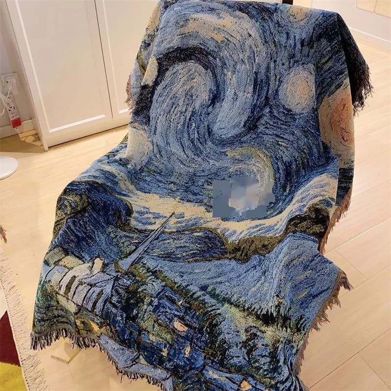 Chăn Sofa Họa Tiết Đêm Đầy Sao Van Gogh Vải Pha Cotton Trang Trí