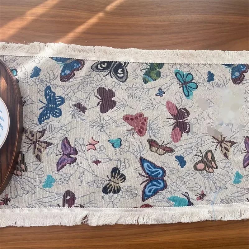 Khăn trải bàn phong cách đồng quê Mỹ vải cotton linen họa tiết hoa và tua rua