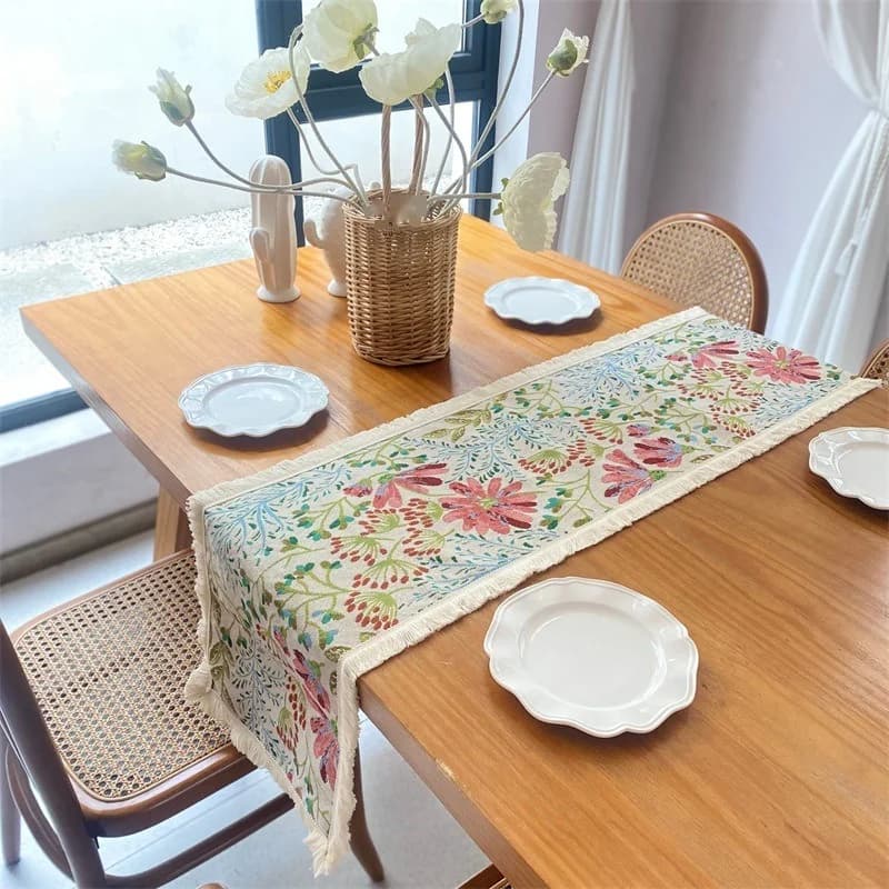Khăn trải bàn Jacquard cotton lanh họa tiết hoa Bắc Âu