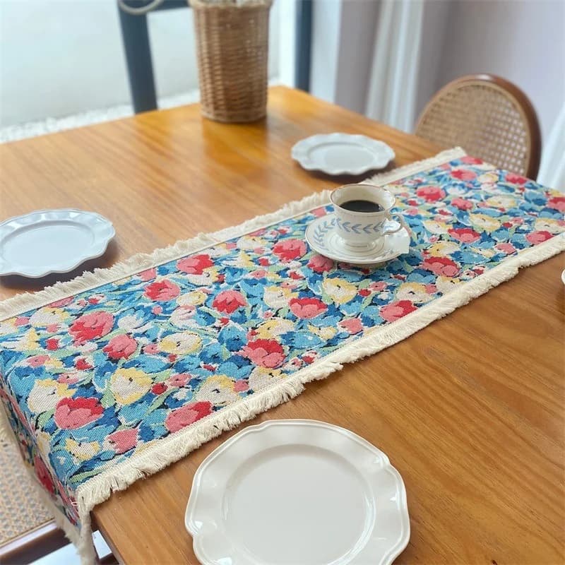 Khăn trải bàn Jacquard cotton lanh họa tiết hoa Bắc Âu