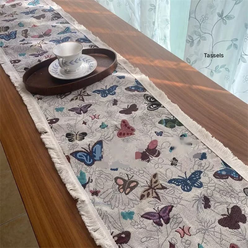 Khăn trải bàn phong cách đồng quê Mỹ vải cotton linen họa tiết hoa và tua rua