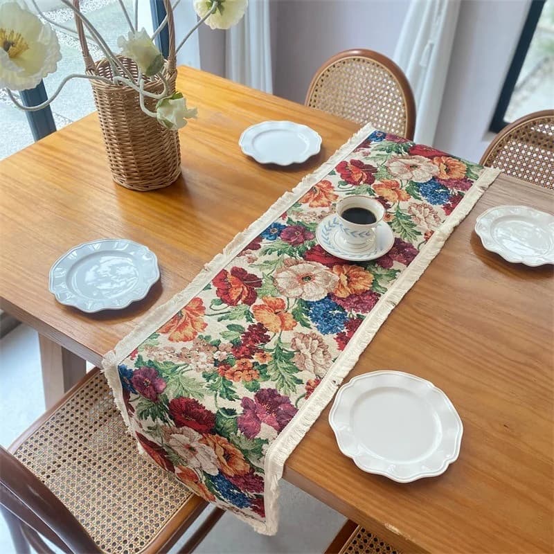 Khăn trải bàn cotton lanh phong cách Mỹ có tua rua