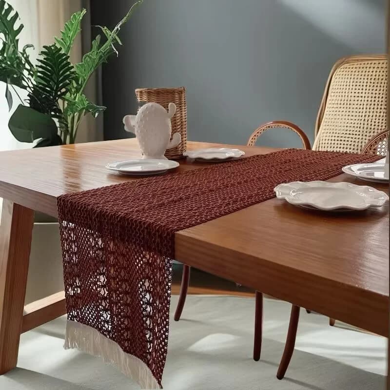 Khăn trải bàn ren cotton mộc mạc có tua rua trang trí bàn ăn