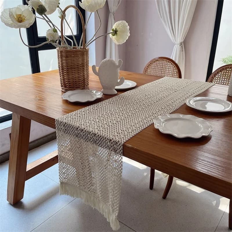 Khăn trải bàn ren cotton mộc mạc có tua rua trang trí bàn ăn