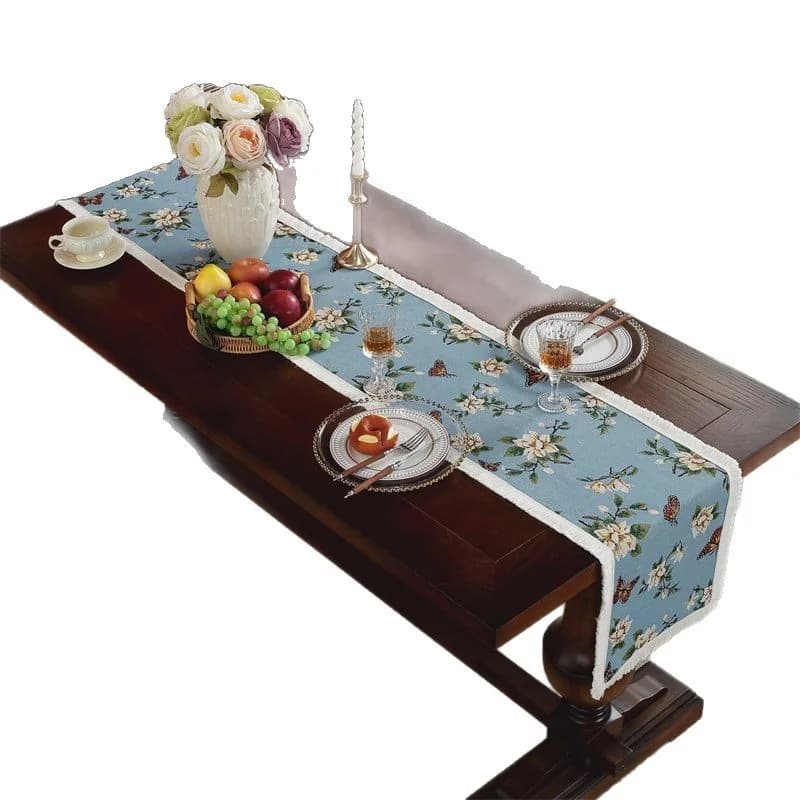 Khăn trải bàn cotton linen họa tiết hoa phong cách đồng quê Mỹ có tua rua
