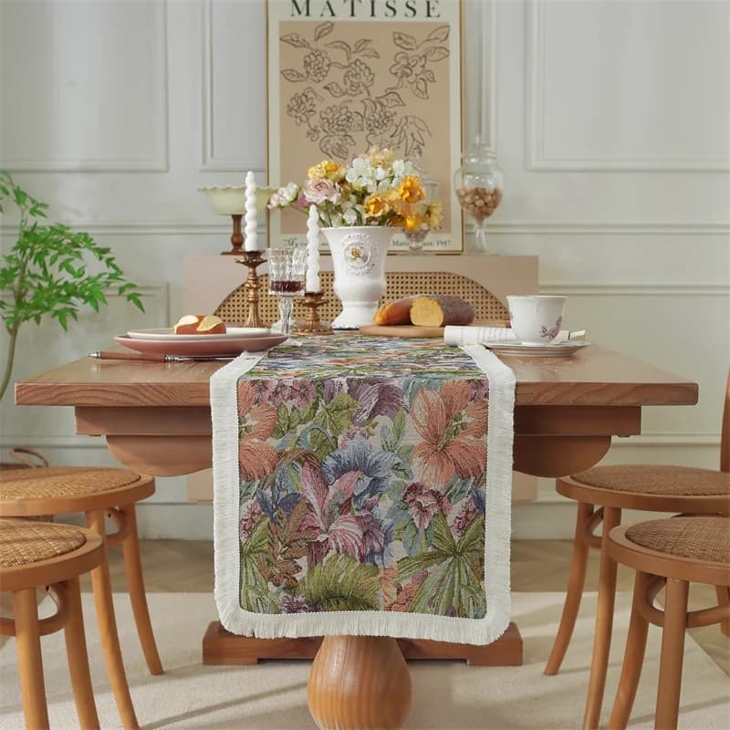 Khăn trải bàn phong cách Mỹ Cotton Linen họa tiết hoa