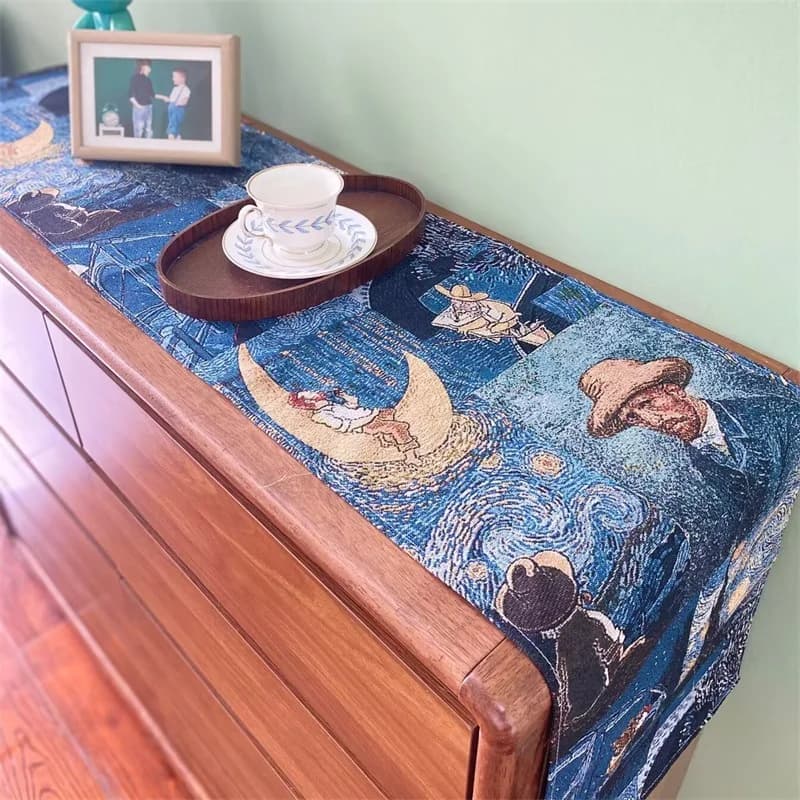 Khăn trải bàn phong cách Van Gogh vải cotton linen pha