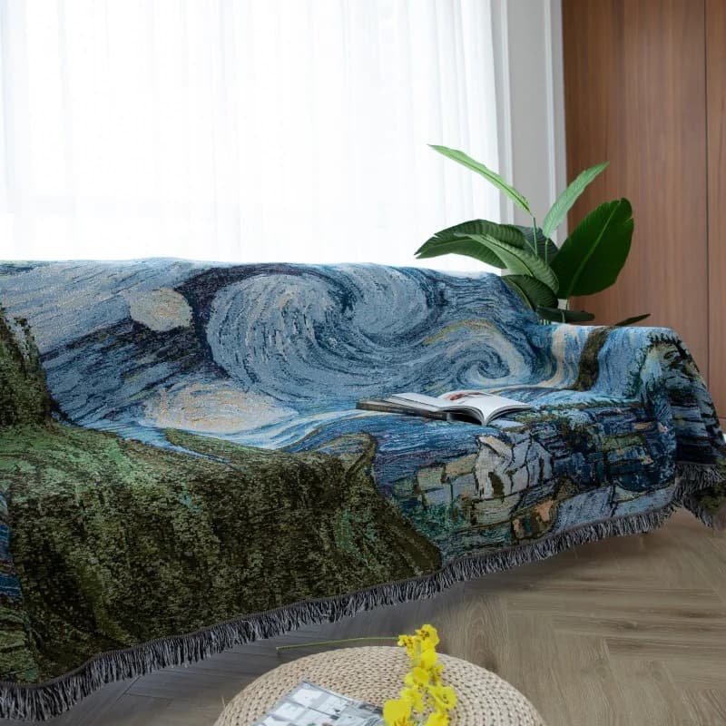 Chăn Sofa Họa Tiết Đêm Đầy Sao Van Gogh Vải Pha Cotton Trang Trí