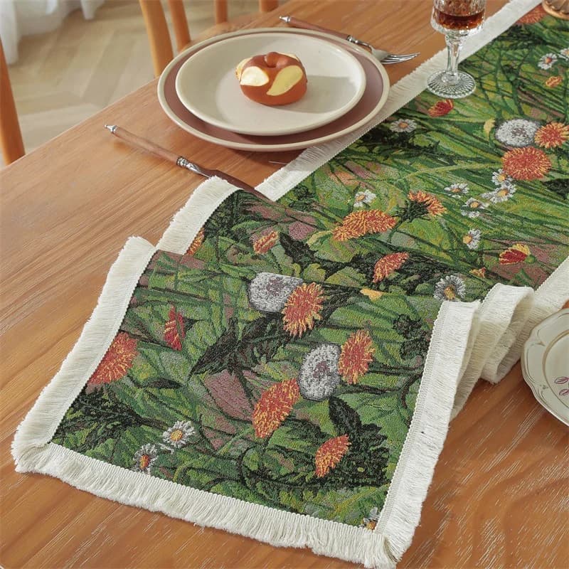 Khăn trải bàn Jacquard họa tiết hoa, vải cotton pha cho phòng ăn