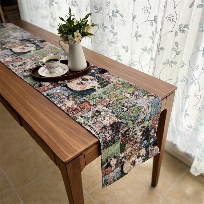 Khăn trải bàn vải cotton linen pha họa tiết hoa và mèo
