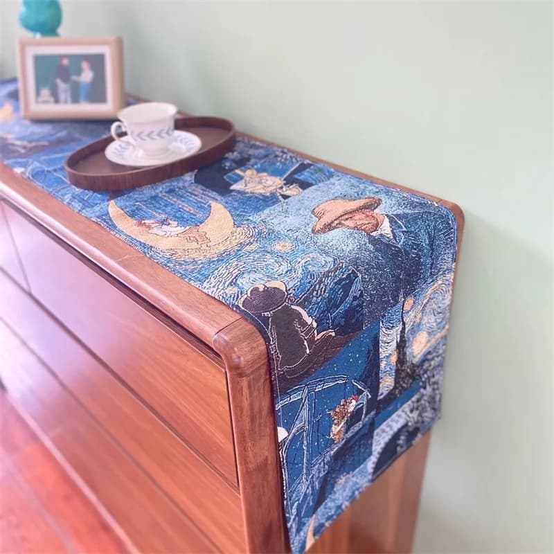 Khăn trải bàn phong cách Van Gogh vải cotton linen pha