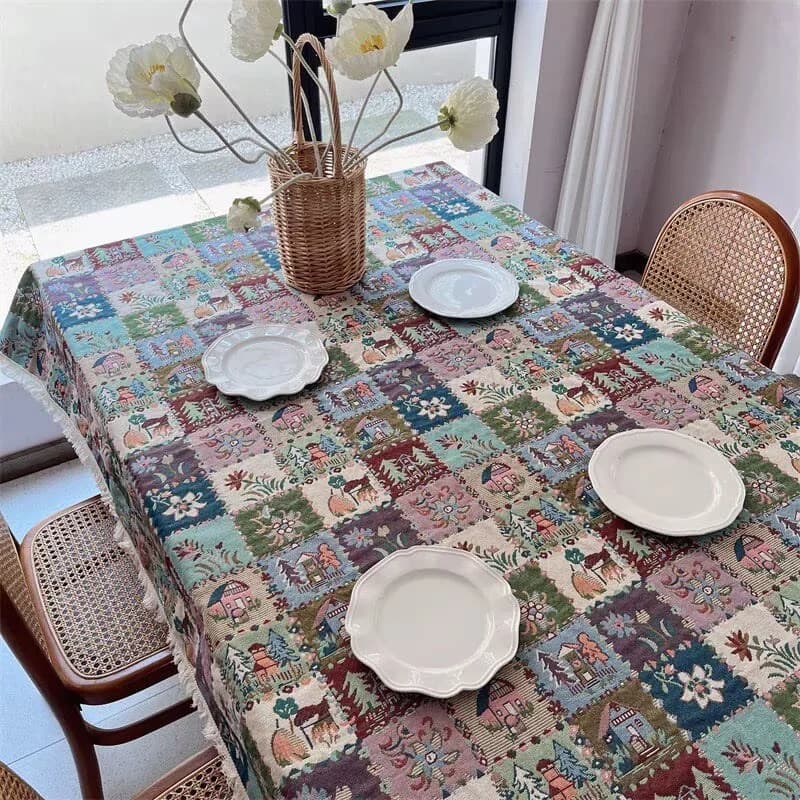 Khăn trải bàn và khăn phủ bàn cotton pha họa tiết jacquard hoa