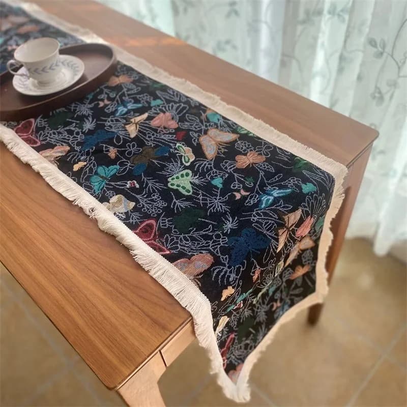 Khăn trải bàn phong cách đồng quê Mỹ vải cotton linen họa tiết hoa và tua rua