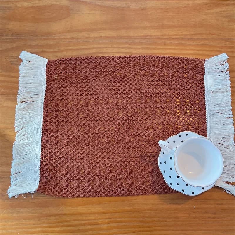 Khăn trải bàn ren cotton mộc mạc có tua rua trang trí bàn ăn