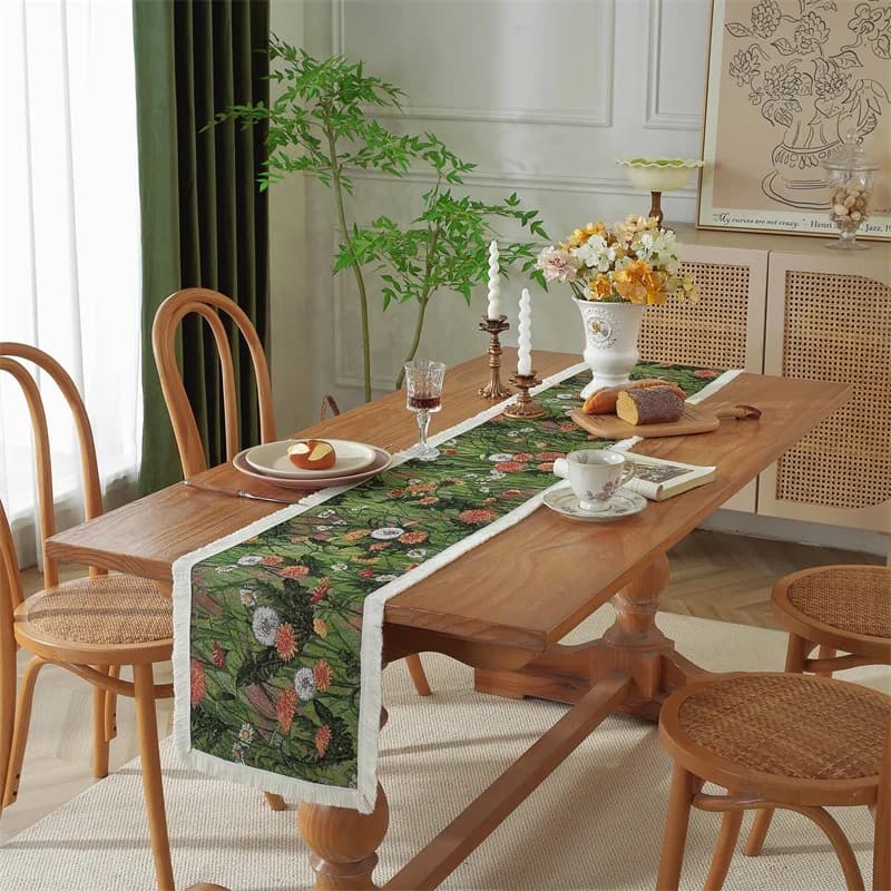 Khăn trải bàn Jacquard họa tiết hoa, vải cotton pha cho phòng ăn