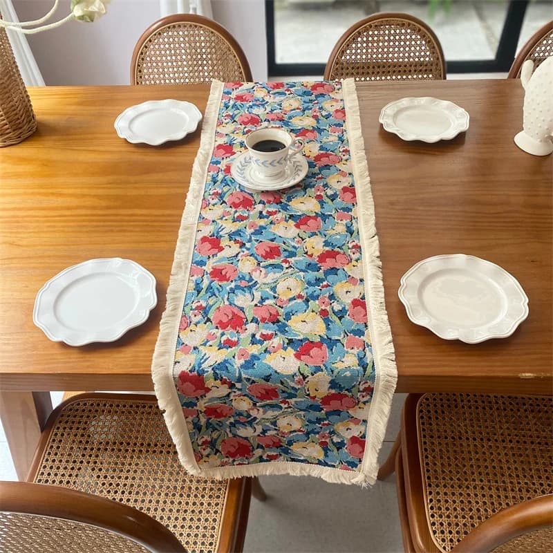 Khăn trải bàn cotton lanh phong cách Mỹ có tua rua