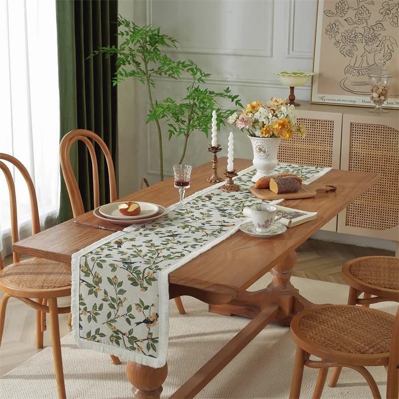 Khăn trải bàn Jacquard họa tiết hoa, vải cotton pha cho phòng ăn