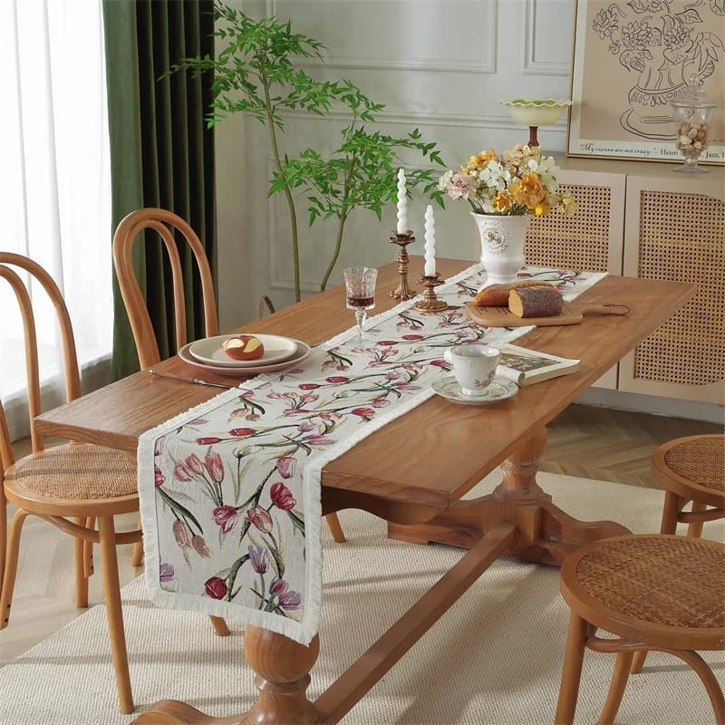 Khăn trải bàn Jacquard họa tiết hoa, vải cotton pha cho phòng ăn