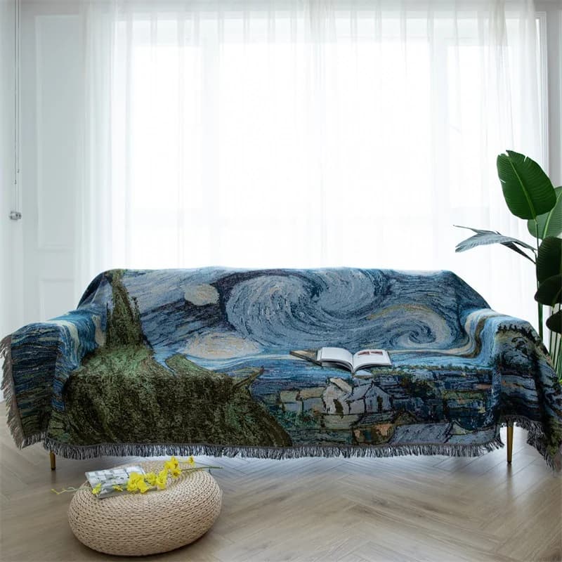 Chăn Sofa Họa Tiết Đêm Đầy Sao Van Gogh Vải Pha Cotton Trang Trí