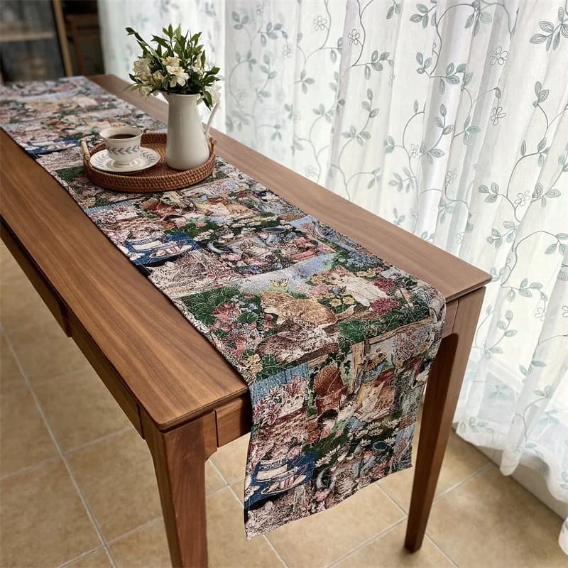 Khăn trải bàn vải cotton linen pha họa tiết hoa và mèo